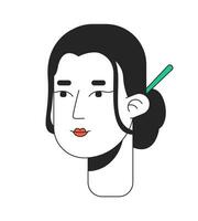 tradicional japonês mulher kanzashi 2d linear desenho animado personagem cabeça. jovem adulto fêmea chinês cabelo pão isolado linha vetor pessoa face branco fundo. vestem grampo cor plano local ilustração