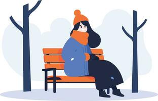 mão desenhado personagens dentro inverno roupas sentado em uma Banco dentro inverno dentro plano estilo vetor
