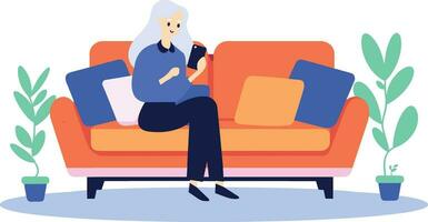 mão desenhado idosos mulher sentado em a sofá usando uma Smartphone dentro plano estilo vetor