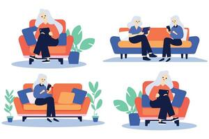 mão desenhado idosos mulher sentado em a sofá usando uma Smartphone dentro plano estilo vetor