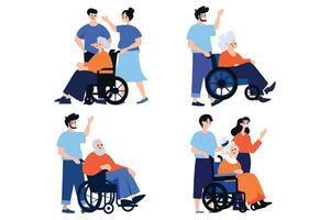 mão desenhado idosos pessoa sentado dentro uma cadeira de rodas e criança dentro plano estilo vetor