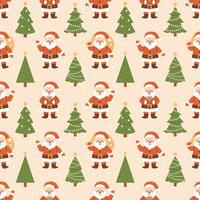 vetor desatado padronizar com fofa sorridente santa claus personagens e Natal árvores engraçado personagens dentro vermelho chapéu e abeto árvores com decorações. Natal e Novo ano fundo.