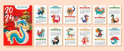 Dragão, branco Dragão calendário ou a4 planejador para 2024 com desenho animado chinês símbolo, Novo ano símbolo, fofa hieróglifos - cobrir e 12 por mês Páginas. semana começa em Domingo, vetor imprimível modelo.