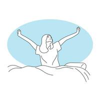 feliz mulher acordando acima em cama dentro a manhã ilustração vetor mão desenhado isolado em branco fundo