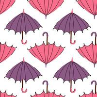 a padronizar é a aberto Rosa e roxa guarda-chuva. desatado, repetitivo plano outono desenho animado textura. fofa clima proteção em uma branco fundo. guarda-chuvas acima e abaixo, impressão em têxteis e papel vetor