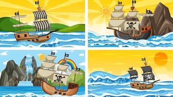 cenas do oceano com navio pirata vetor
