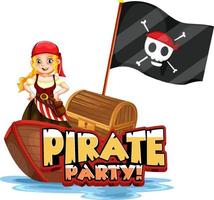 banner de fonte de festa pirata com uma garota pirata em um barco vetor