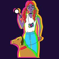 ilustração em néon de uma garota nerd segurando um cachorro na coleira vetor