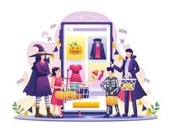 família está comprando online para comemorar ilustração vetorial de halloween vetor