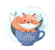 foxy bonito sentado em uma xícara de café grande. raposa adorável vetor
