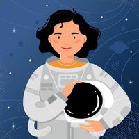 mulher astronauta fica no fundo do céu estrelado. vetor