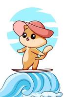 gato fofo com prancha de surf na ilustração dos desenhos animados de verão vetor