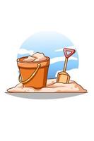 areia e balde na praia na ilustração dos desenhos animados de verão vetor
