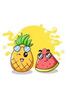 Feliz e fofa melancia e abacaxi no desenho animado do verão vetor
