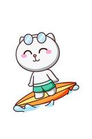 gato fofo surfando no mar na ilustração dos desenhos animados de verão vetor