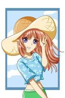 garota linda e feliz com camisa azul em desenho animado de personagem de verão vetor