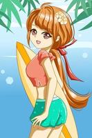 linda garota com prancha de surf no desenho de personagem de verão vetor