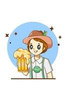 um bom menino comemorando oktoberfest com ilustração de cerveja em desenhos animados vetor