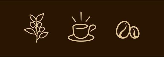 conjunto de logotipo de arte de linha de café abstrato, xícara de café, grãos e ilustração de design de arte de parede de galho