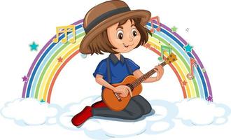 garota tocando violão na nuvem com arco-íris vetor