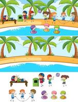 diferentes cenas de praia com o personagem de desenho animado doodle vetor