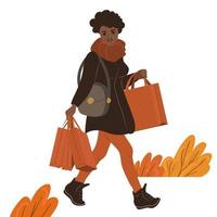 jovem afro-americana com sacolas de compras caminhando vetor