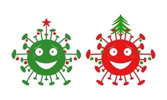 coronavírus verde e vermelho dos desenhos animados com árvore e enfeite de natal vetor
