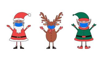 conjunto de personagens de natal, papai noel, elfo e veado em máscaras médicas vetor