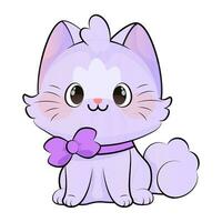 fofa sorridente roxa kawaii gato com uma arco em dele pescoço vetor