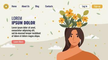 plano Projeto local na rede Internet aterrissagem página modelo com uma retrato do uma mulher com uma ramalhete do flores mental saúde conceito. vetor ilustração.