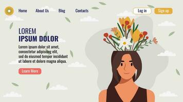 plano Projeto local na rede Internet aterrissagem página modelo com uma retrato do uma mulher com uma ramalhete do flores mental saúde conceito. vetor ilustração.