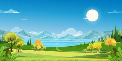 Primavera rural panorama de a lago com verde campo Prado em colinas, nuvens e azul céu, vetor desenho animado horizonte natureza ensolarado dia verão, panorâmico campo tchau rio com montanha, flor