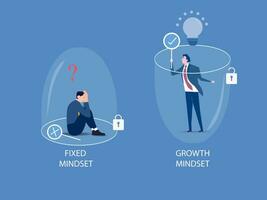 dois homem de negocios diferente pensando entre fixo mentalidade vs crescimento mentalidade sucesso conceito. vetor ilustração.