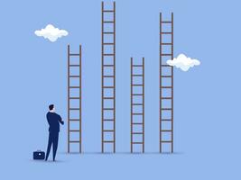 escolhendo sucesso escada, diferença carreira caminho, oportunidade ou vários escolhas, desafio para escolher melhor opção, escalar acima escada do sucesso conceito, homem de negocios pensando para escolher a certo escada. vetor