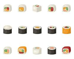 uma conjunto do rolos, Sushi, japonês cozinha. vetor ilustração em uma branco fonema.