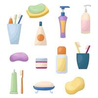 banheiro acessórios, uma conjunto do pessoal higiene Unid, vetor ilustração. limpeza e corpo Cuidado produtos, toalha