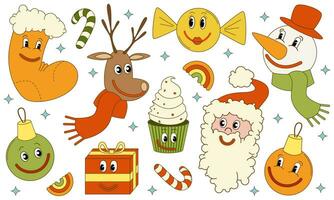 conjunto do Natal personagens. papai noel, cervo, boneco de neve. vetor ilustração dentro na moda groovy retro estilo. Natal e Novo ano.