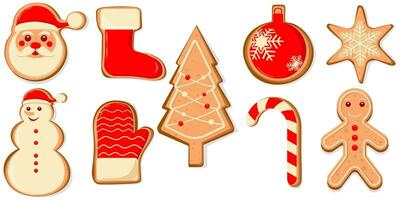 Natal Pão de gengibre biscoitos, inverno feriado Comida. Natal árvore, doce bengala, santa Papai Noel, Natal brinquedo, luva, boneco de neve, Natal meia, Estrela forma, Pão de gengibre cara. vetor ilustração