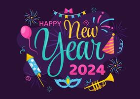 feliz Novo ano 2024 celebração vetor ilustração com trompete, fogos de artifício, fitas e confete dentro feriado nacional plano desenho animado fundo