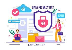 dados privacidade dia vetor ilustração em janeiro 28 com trava em a tela para escudo em formação documento dentro plano desenho animado fundo Projeto
