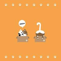 gato cabeça emoji vetor. vetor ilustração do a frente e costas do uma Castanho gato sentado dentro uma cartão caixa em uma amarelo fundo.