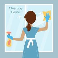 mulher em um uniforme azul está lavando a janela vetor