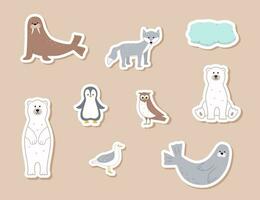 adesivos fofa ártico animais. vetor ilustração com engraçado polar animais. polar Urso morsa foca gaivota escriba coruja.