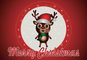 fofa Natal rena com flocos de neve e alegre Natal texto em uma vermelho fundo perfeito para feriado saudações e festivo decorações vetor