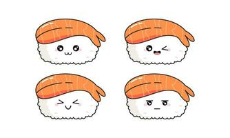 mão desenhado vários fofa kawaii Sushi, rolos, sashimi personagem japonês alimentos ilustração vetor