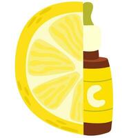 uma garrafa do sérum com Vitamina c e uma fatia do limão. facial Cosmético e remédios vetor