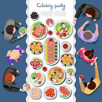 Catering festa com pessoas e uma mesa de pratos do menu, vista superior. Ilustração em vetor plana.