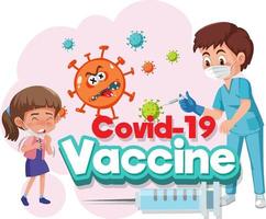personagem de desenho animado médico e criança paciente com fonte de vacina covid-19 vetor