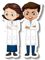 Adesivo de personagem de desenho animado com casal de cientistas em vestido de ciências vetor