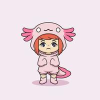 garota kawaii fofa em personagem de fantasia de axolotl vetor